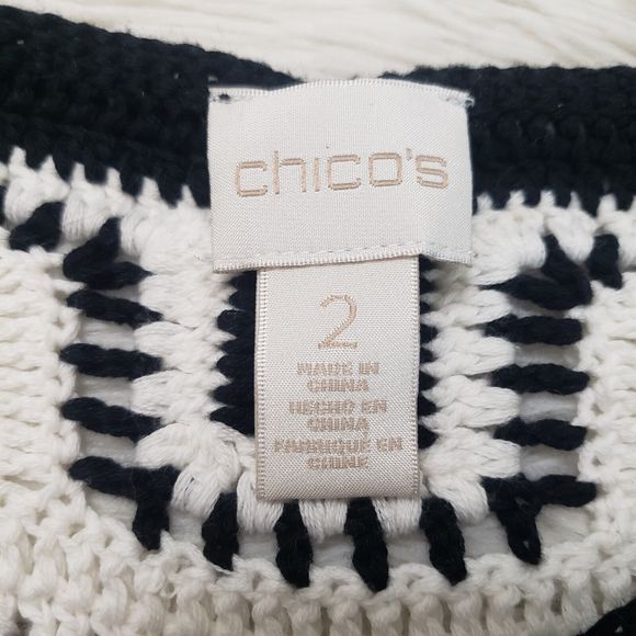 Chico's Cotton Knit Sweater Black White Crochet Sz 2 (M) Pullover 3/4 Sleeve Top - Picture 6 of 9
